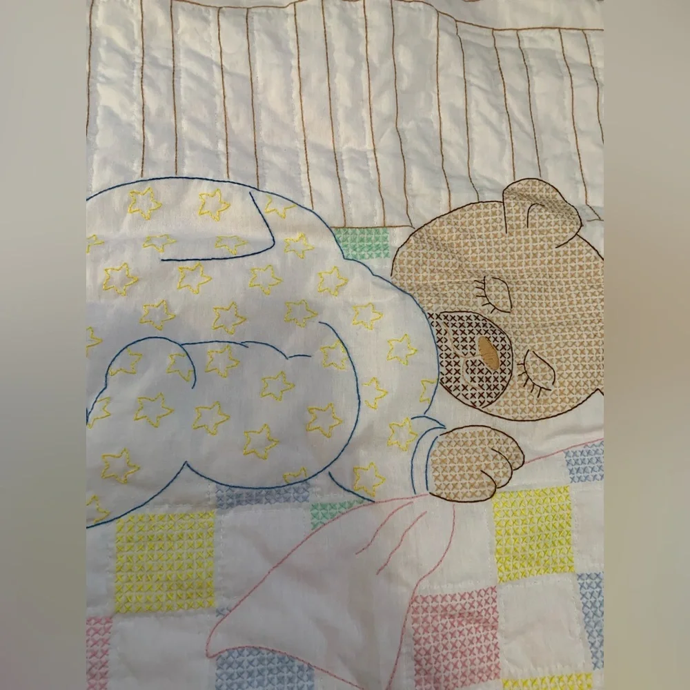 Homemade Pink and White Baby Quilt with Bear Design